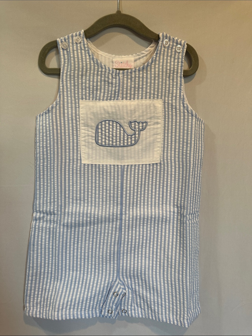 Blue Striped Whale Appliqué Kids Pajama Romper